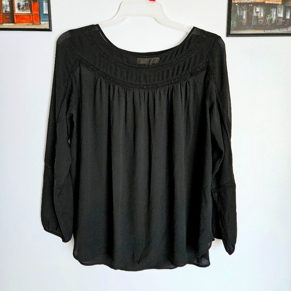 LOFT Tops - LOFT Flowy Black Long Sleeve Boho Wide Neck Semi-sheer Oversized Blouse Size L